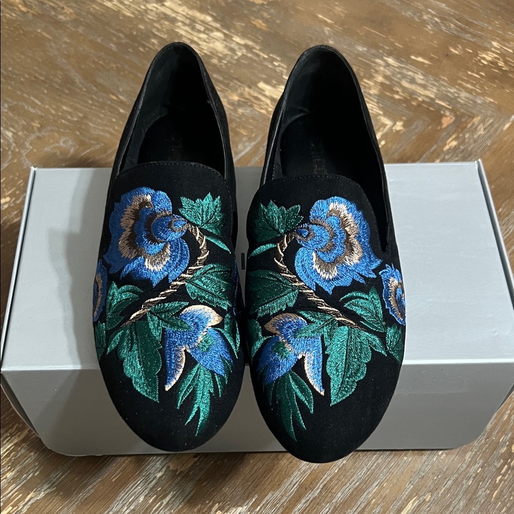 Chico's Black Loafers with Blue and Green Embroidery